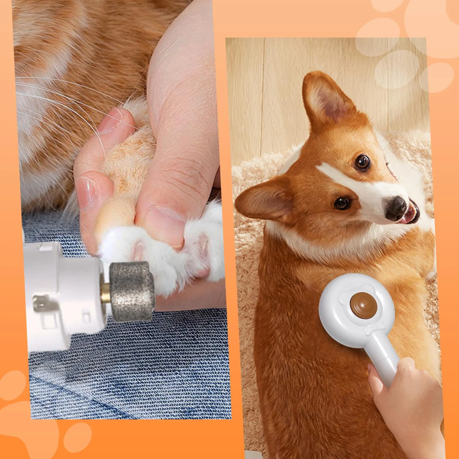 2 in 1 Pet Brush and Nail Grinder, Rechargeable Self-Cleaning Slicker Cat Brush for Shedding and Grooming, Pet Paws Nail Trimmers for Small & Medium Dogs Grey White