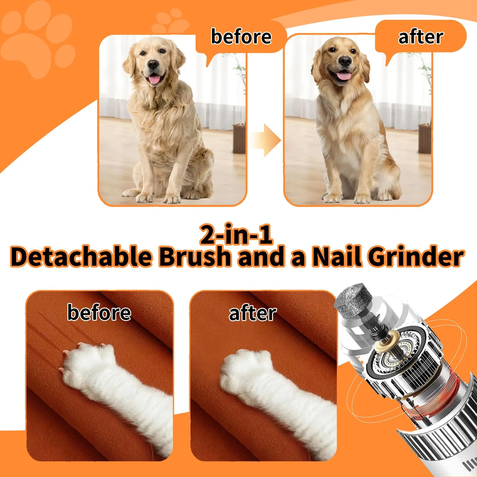 2 in 1 Pet Brush and Nail Grinder, Rechargeable Self-Cleaning Slicker Cat Brush for Shedding and Grooming, Pet Paws Nail Trimmers for Small & Medium Dogs Grey White