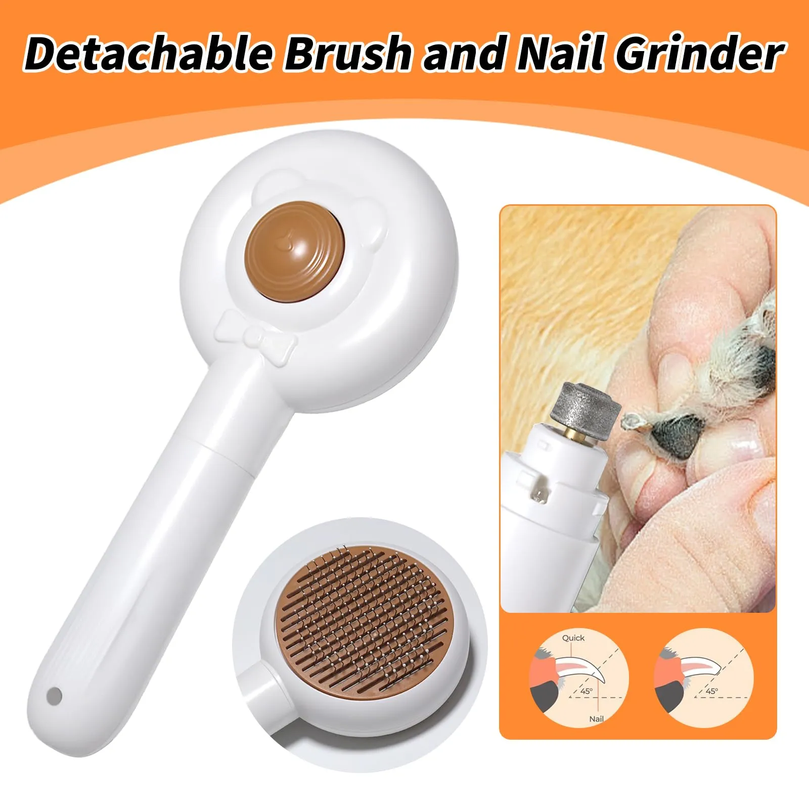 2 in 1 Pet Brush and Nail Grinder, Rechargeable Self-Cleaning Slicker Cat Brush for Shedding and Grooming, Pet Paws Nail Trimmers for Small & Medium Dogs Grey White