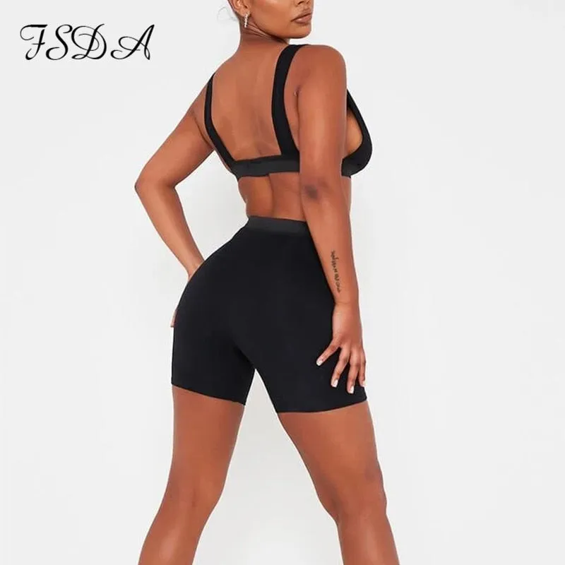 2 Piece V Neck Crop Top Sleeveless Backless And Biker Shorts  Home Khaki Outfit Sport Set