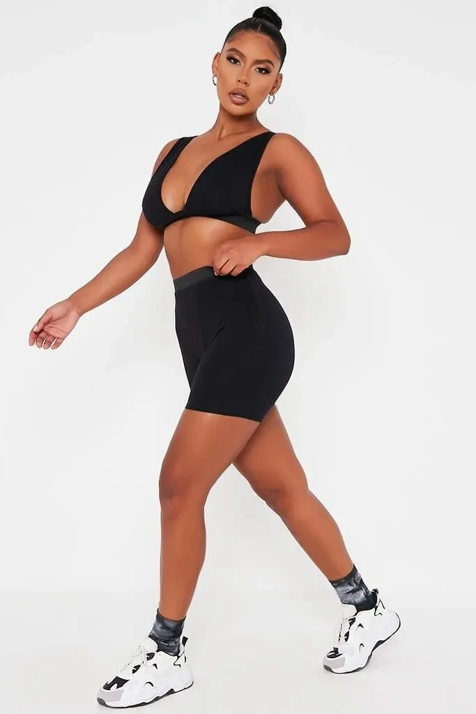 2 Piece V Neck Crop Top Sleeveless Backless And Biker Shorts  Home Khaki Outfit Sport Set
