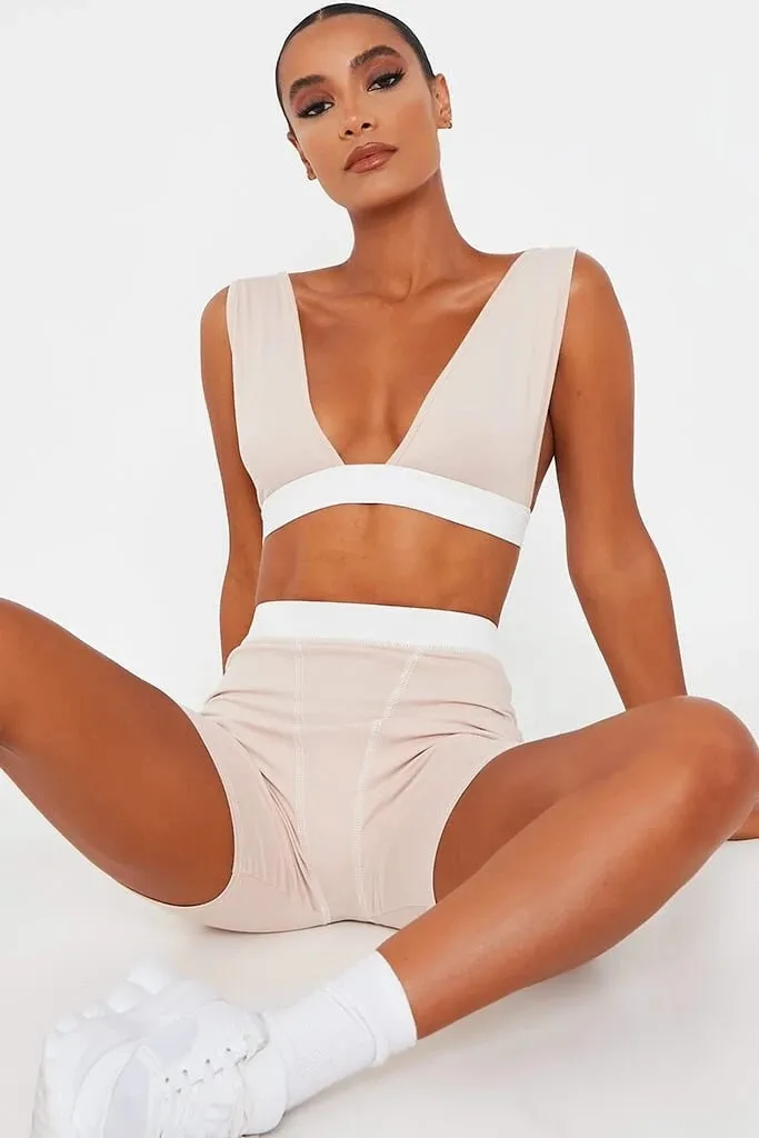 2 Piece V Neck Crop Top Sleeveless Backless And Biker Shorts  Home Khaki Outfit Sport Set
