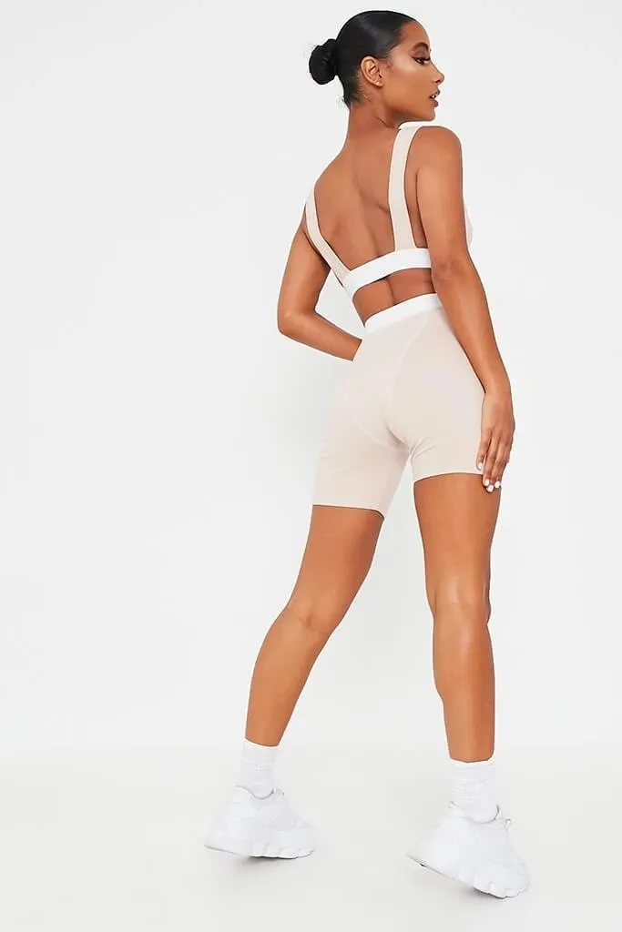2 Piece V Neck Crop Top Sleeveless Backless And Biker Shorts  Home Khaki Outfit Sport Set