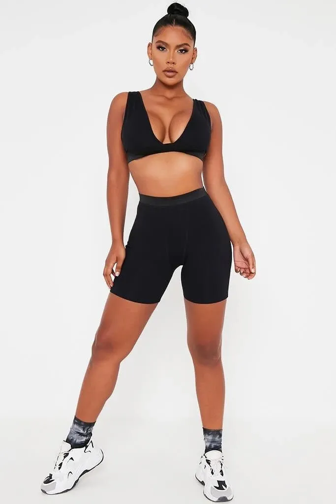 2 Piece V Neck Crop Top Sleeveless Backless And Biker Shorts  Home Khaki Outfit Sport Set