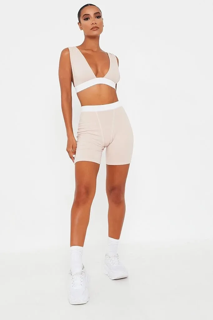2 Piece V Neck Crop Top Sleeveless Backless And Biker Shorts  Home Khaki Outfit Sport Set