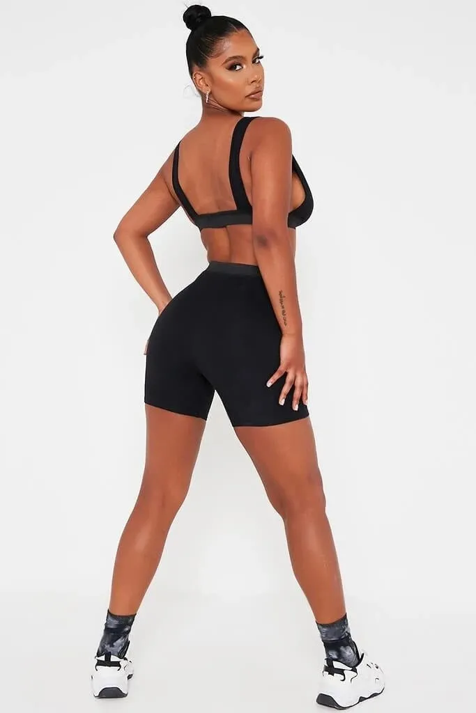 2 Piece V Neck Crop Top Sleeveless Backless And Biker Shorts  Home Khaki Outfit Sport Set