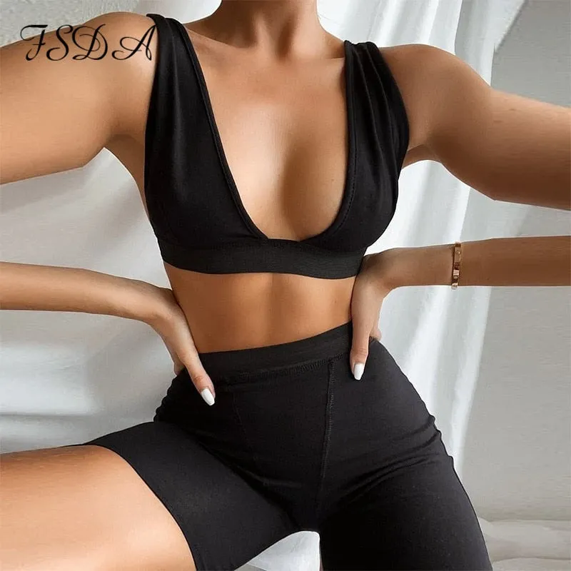 2 Piece V Neck Crop Top Sleeveless Backless And Biker Shorts  Home Khaki Outfit Sport Set