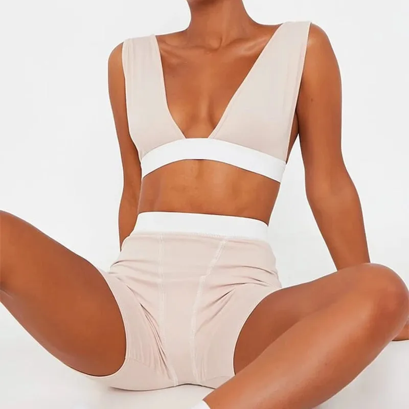 2 Piece V Neck Crop Top Sleeveless Backless And Biker Shorts  Home Khaki Outfit Sport Set