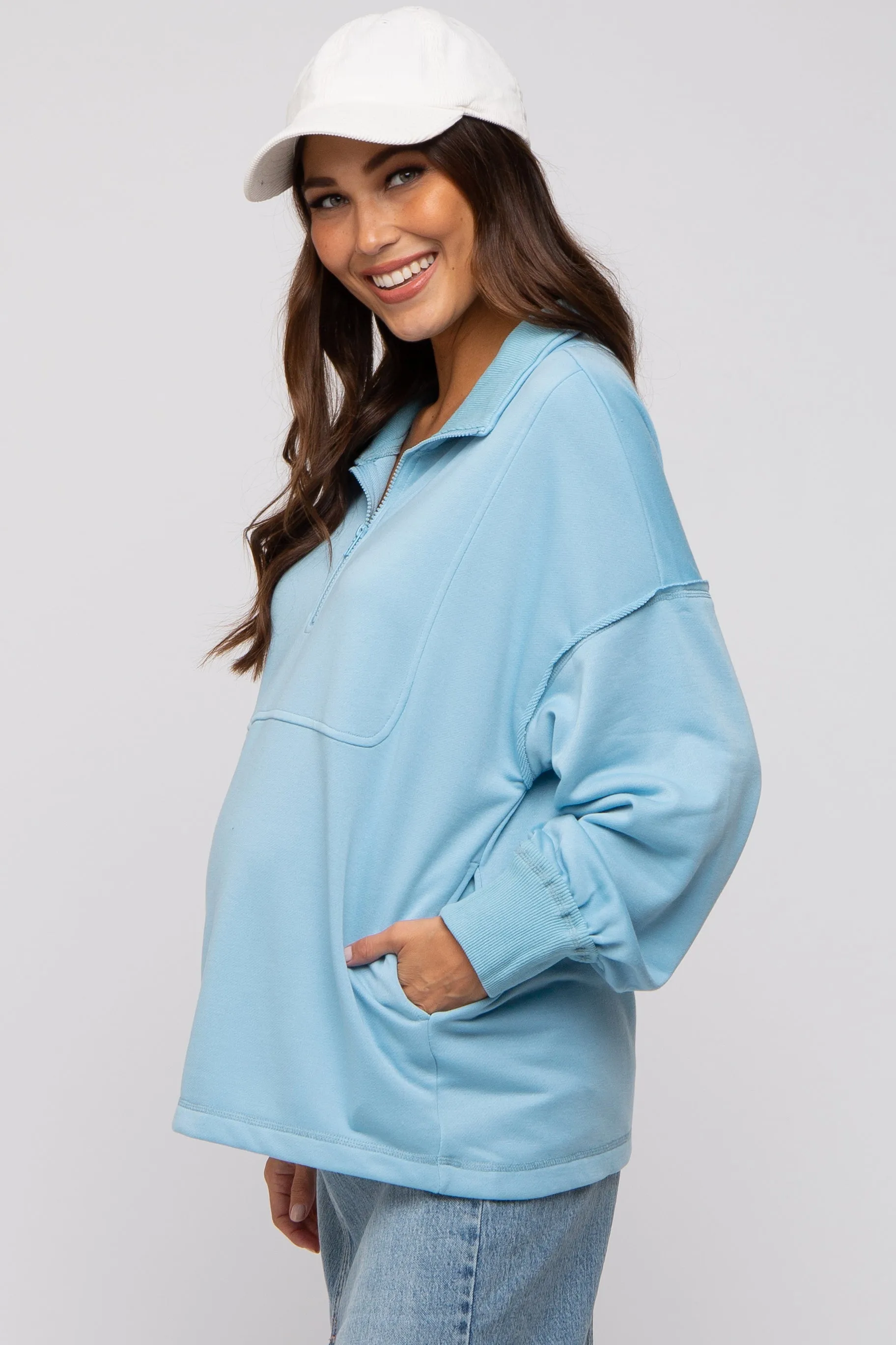 Aqua Half Zip Maternity Pullover Top
