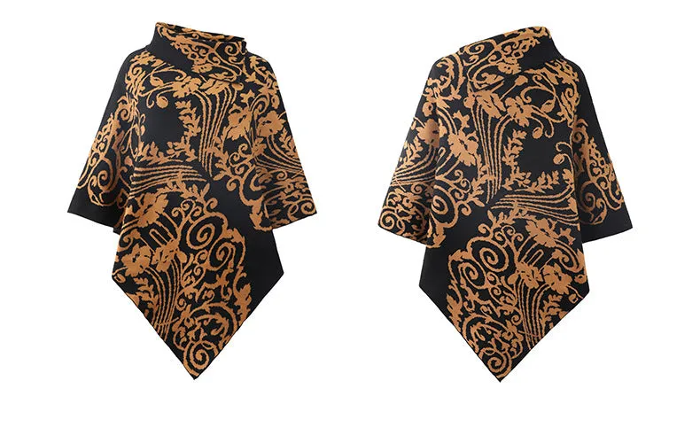 Autumn Winter Print Sweater Oversized Turtleneck Jumper Knitwear Vintage Cape Batwing Sleeve Poncho Pullover