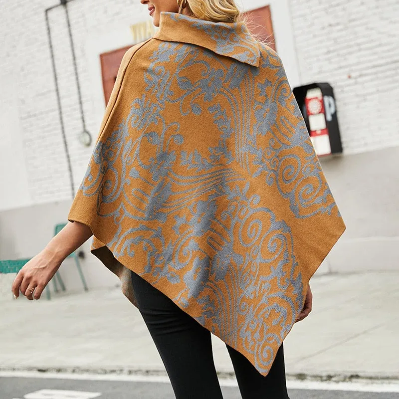 Autumn Winter Print Sweater Oversized Turtleneck Jumper Knitwear Vintage Cape Batwing Sleeve Poncho Pullover