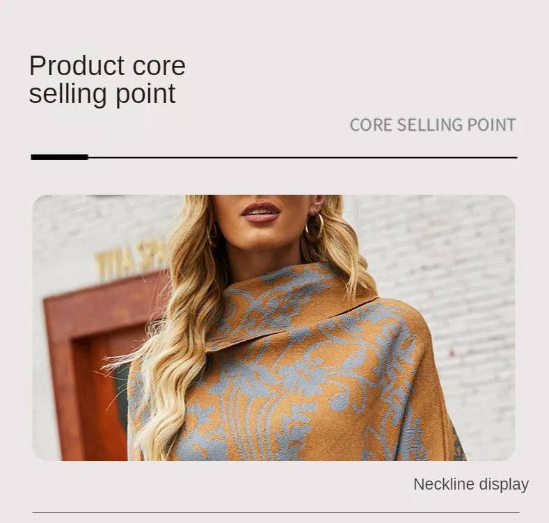 Autumn Winter Print Sweater Oversized Turtleneck Jumper Knitwear Vintage Cape Batwing Sleeve Poncho Pullover