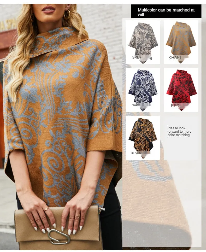 Autumn Winter Print Sweater Oversized Turtleneck Jumper Knitwear Vintage Cape Batwing Sleeve Poncho Pullover