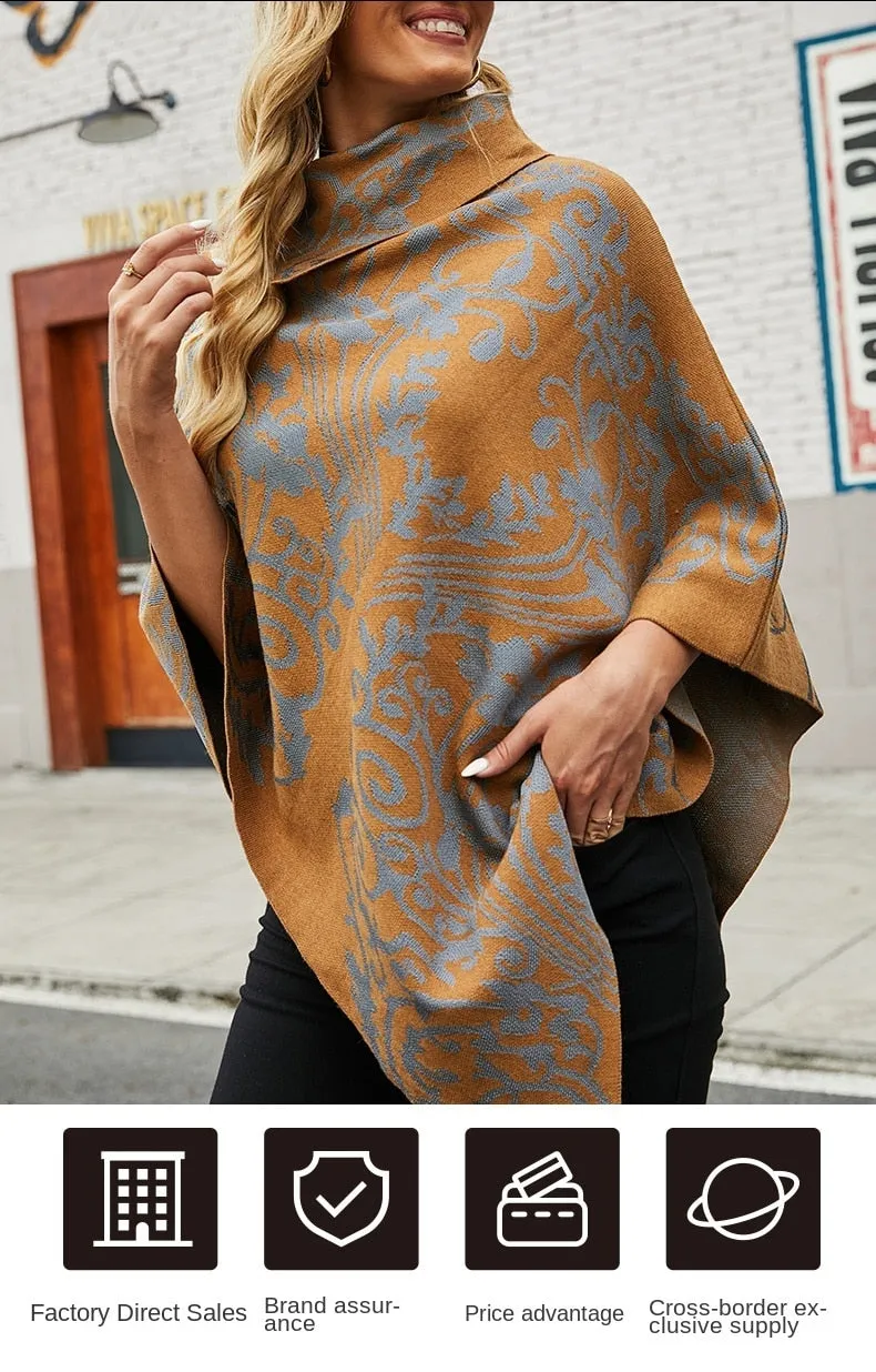 Autumn Winter Print Sweater Oversized Turtleneck Jumper Knitwear Vintage Cape Batwing Sleeve Poncho Pullover