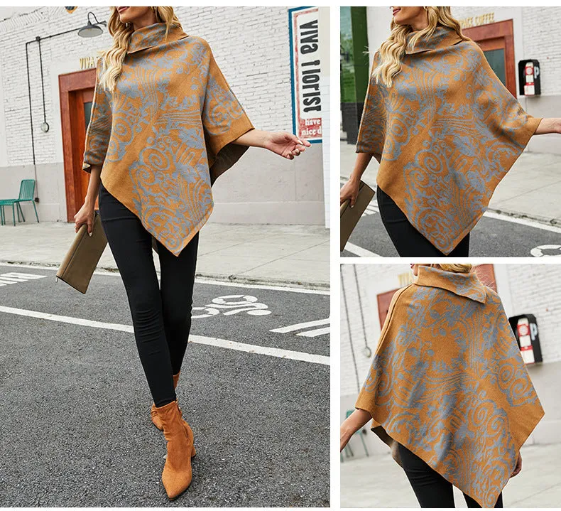 Autumn Winter Print Sweater Oversized Turtleneck Jumper Knitwear Vintage Cape Batwing Sleeve Poncho Pullover