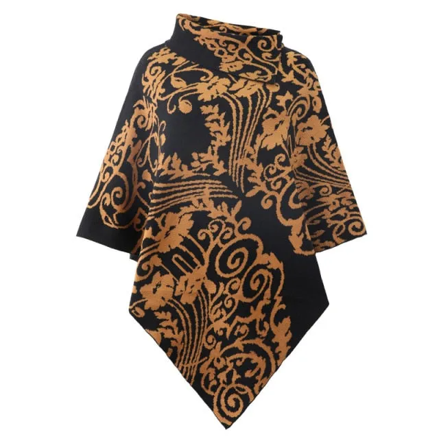 Autumn Winter Print Sweater Oversized Turtleneck Jumper Knitwear Vintage Cape Batwing Sleeve Poncho Pullover