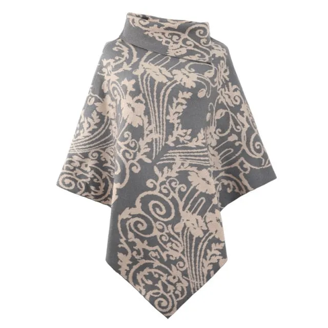 Autumn Winter Print Sweater Oversized Turtleneck Jumper Knitwear Vintage Cape Batwing Sleeve Poncho Pullover
