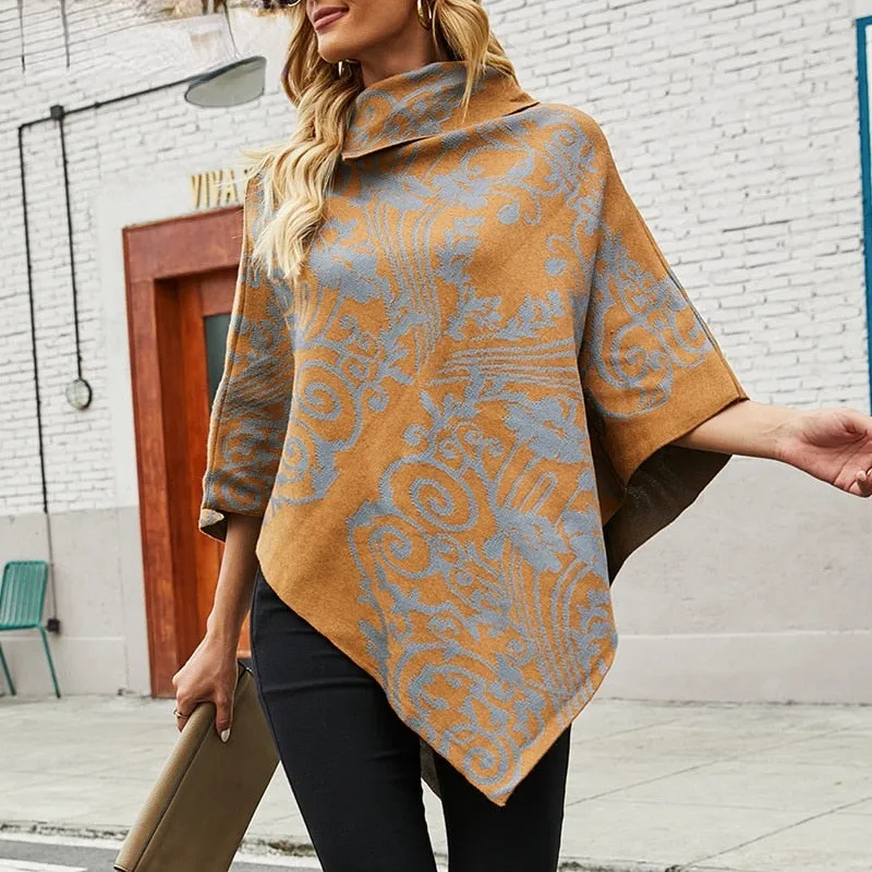 Autumn Winter Print Sweater Oversized Turtleneck Jumper Knitwear Vintage Cape Batwing Sleeve Poncho Pullover