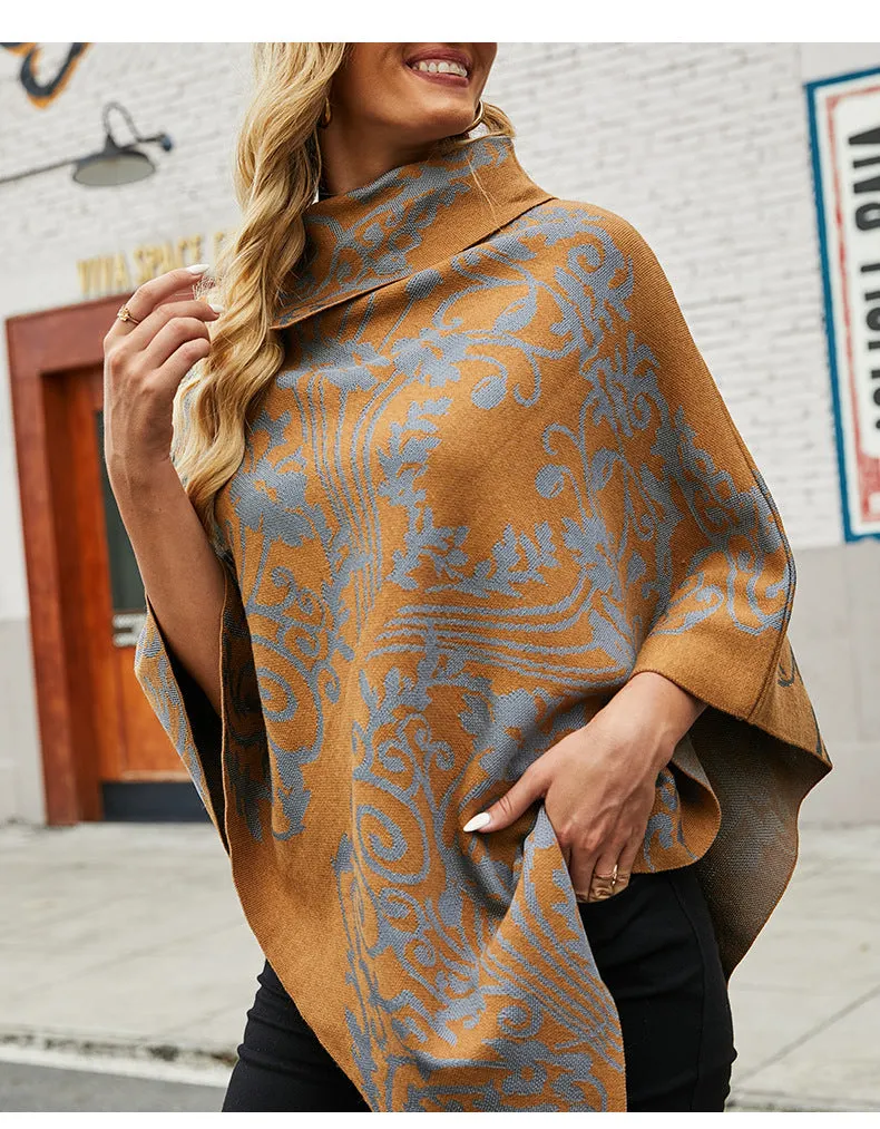 Autumn Winter Print Sweater Oversized Turtleneck Jumper Knitwear Vintage Cape Batwing Sleeve Poncho Pullover
