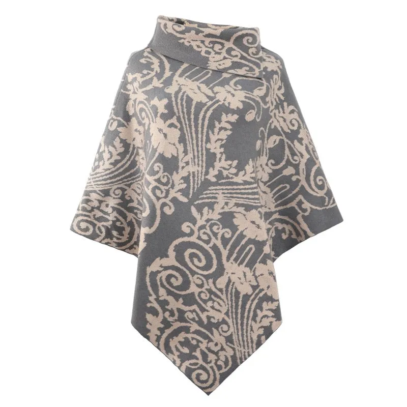 Autumn Winter Print Sweater Oversized Turtleneck Jumper Knitwear Vintage Cape Batwing Sleeve Poncho Pullover