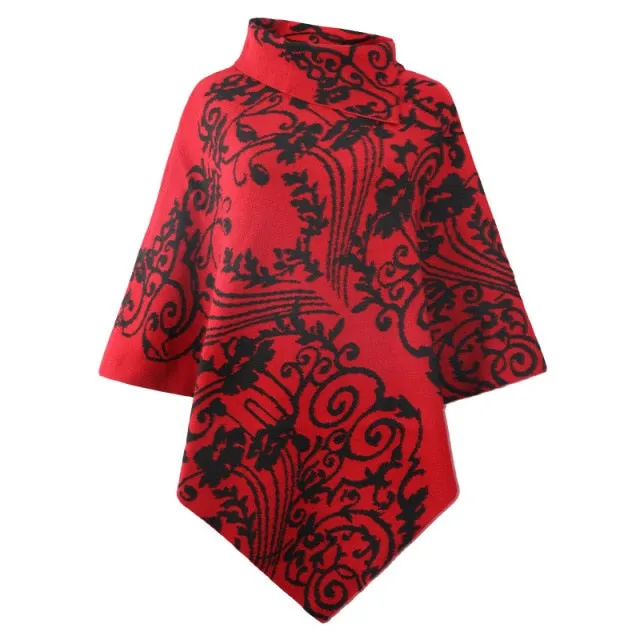 Autumn Winter Print Sweater Oversized Turtleneck Jumper Knitwear Vintage Cape Batwing Sleeve Poncho Pullover