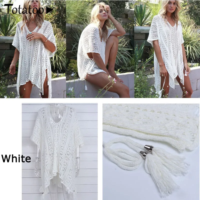 Backless Knitted Summer Long Sleeve Open Back See Through Beach Cover Mini Dress Clubwear