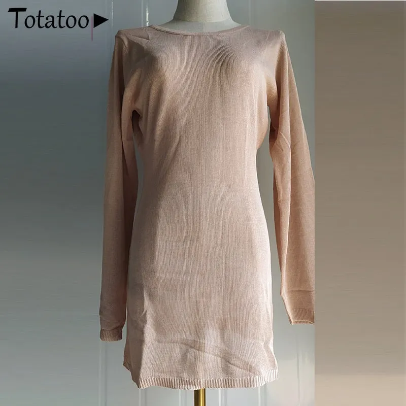 Backless Knitted Summer Long Sleeve Open Back See Through Beach Cover Mini Dress Clubwear