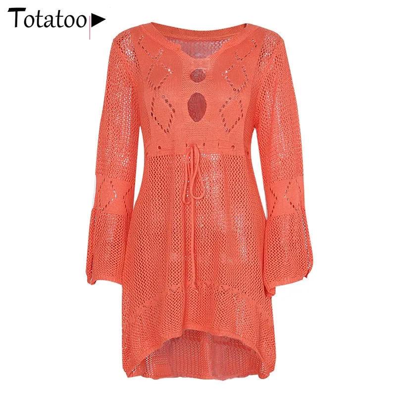 Backless Knitted Summer Long Sleeve Open Back See Through Beach Cover Mini Dress Clubwear