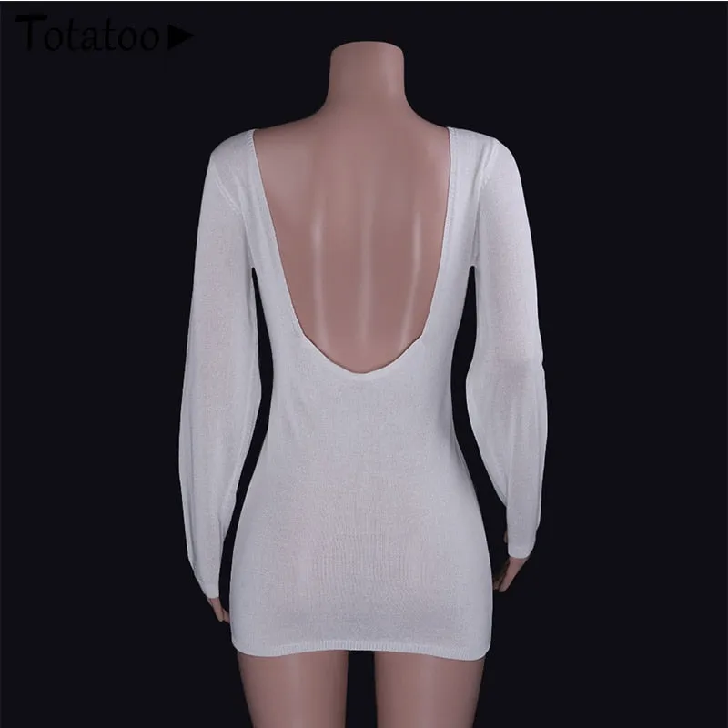 Backless Knitted Summer Long Sleeve Open Back See Through Beach Cover Mini Dress Clubwear