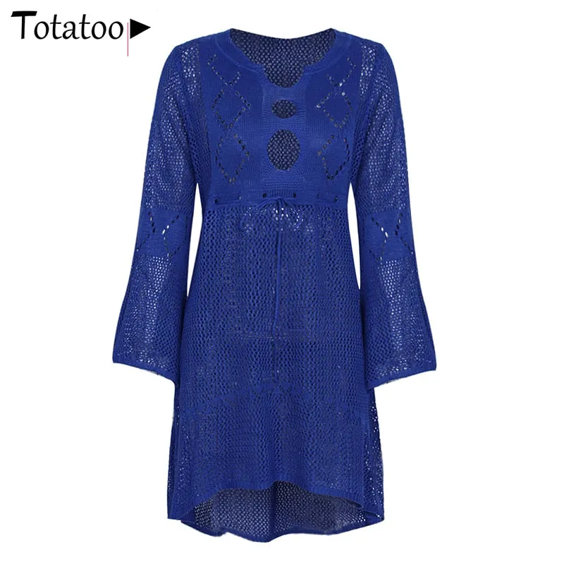 Backless Knitted Summer Long Sleeve Open Back See Through Beach Cover Mini Dress Clubwear