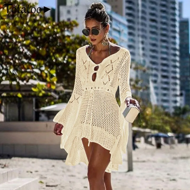Backless Knitted Summer Long Sleeve Open Back See Through Beach Cover Mini Dress Clubwear