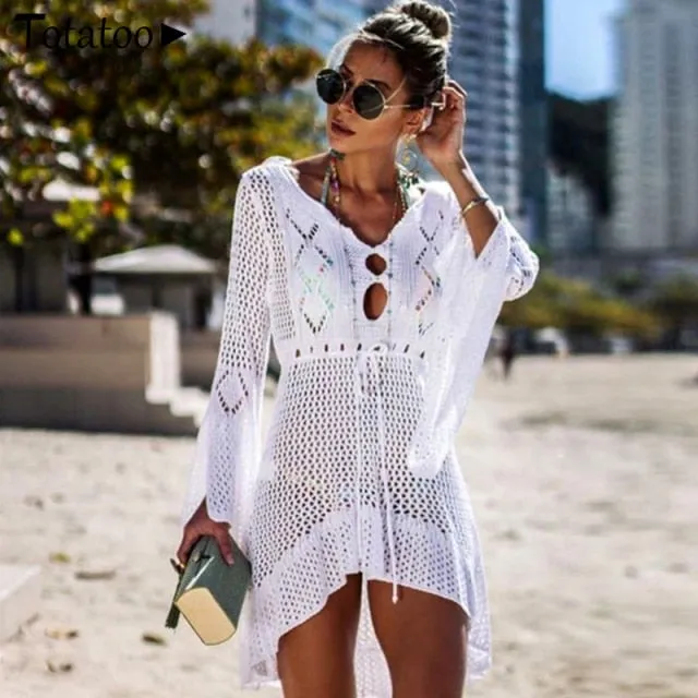 Backless Knitted Summer Long Sleeve Open Back See Through Beach Cover Mini Dress Clubwear