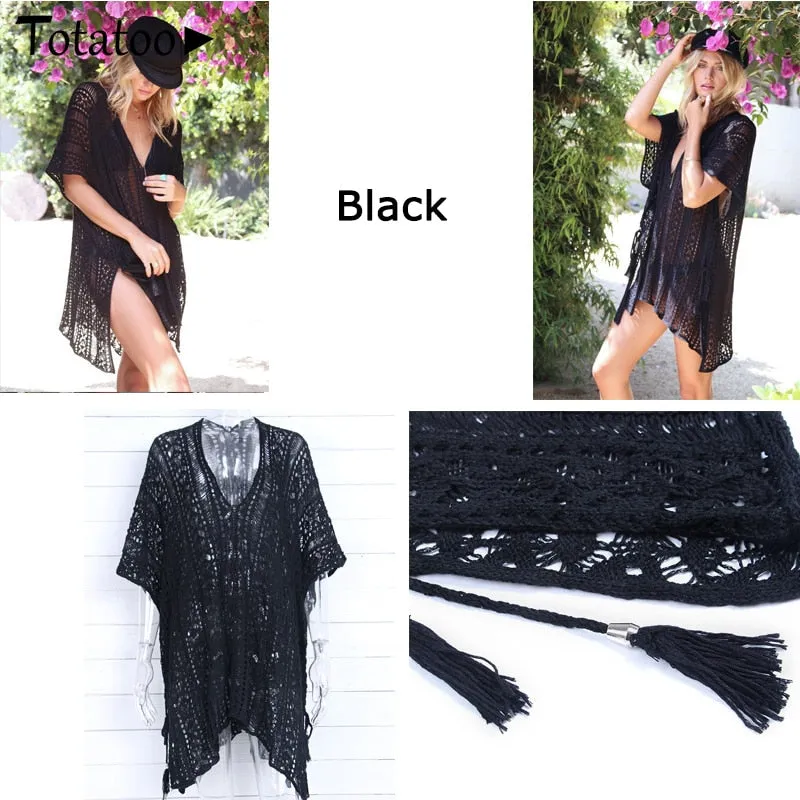 Backless Knitted Summer Long Sleeve Open Back See Through Beach Cover Mini Dress Clubwear