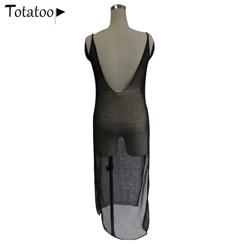 Backless Knitted Summer Long Sleeve Open Back See Through Beach Cover Mini Dress Clubwear