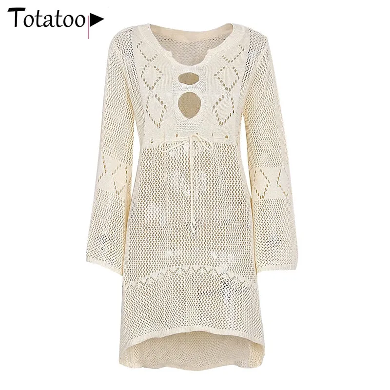 Backless Knitted Summer Long Sleeve Open Back See Through Beach Cover Mini Dress Clubwear