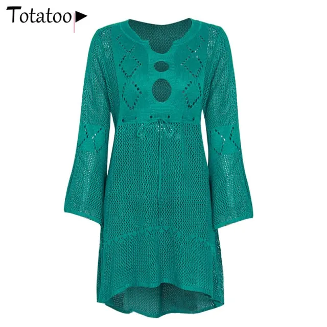 Backless Knitted Summer Long Sleeve Open Back See Through Beach Cover Mini Dress Clubwear