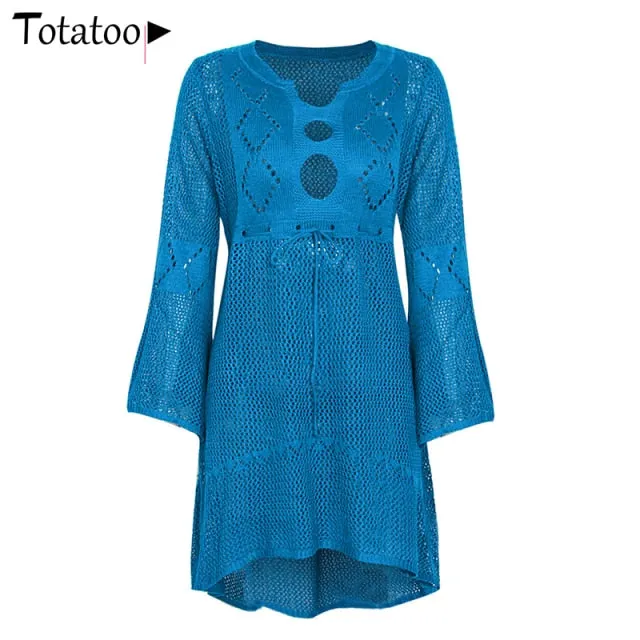 Backless Knitted Summer Long Sleeve Open Back See Through Beach Cover Mini Dress Clubwear