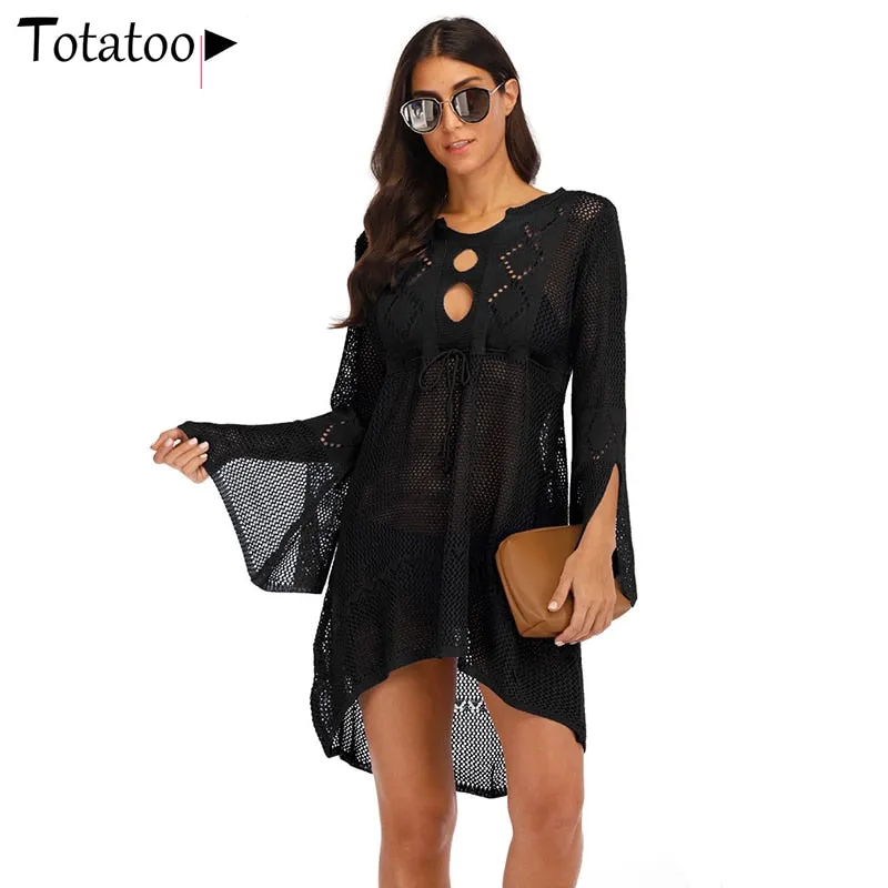Backless Knitted Summer Long Sleeve Open Back See Through Beach Cover Mini Dress Clubwear