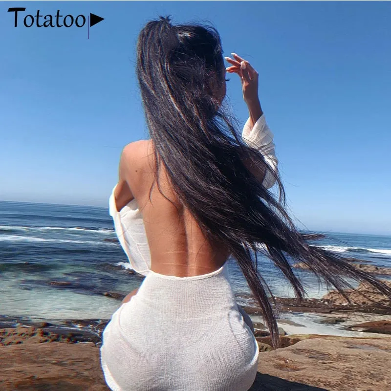 Backless Knitted Summer Long Sleeve Open Back See Through Beach Cover Mini Dress Clubwear