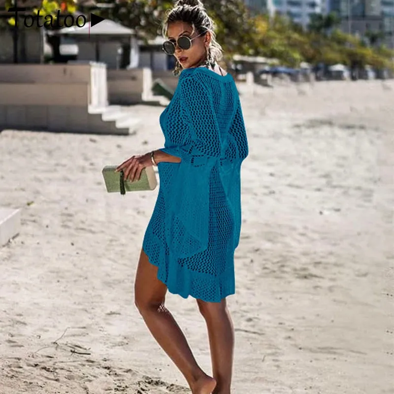 Backless Knitted Summer Long Sleeve Open Back See Through Beach Cover Mini Dress Clubwear