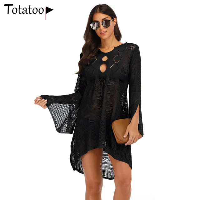 Backless Knitted Summer Long Sleeve Open Back See Through Beach Cover Mini Dress Clubwear