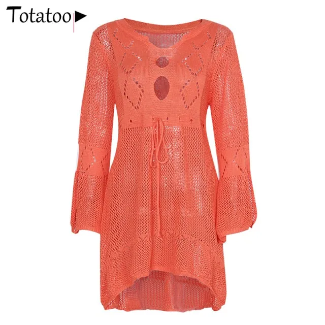 Backless Knitted Summer Long Sleeve Open Back See Through Beach Cover Mini Dress Clubwear