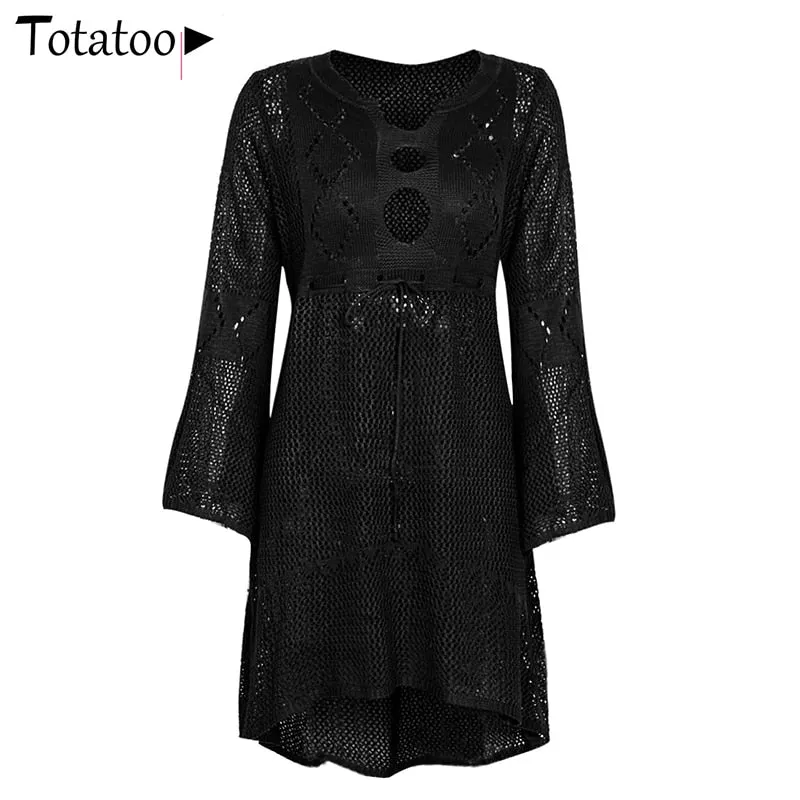 Backless Knitted Summer Long Sleeve Open Back See Through Beach Cover Mini Dress Clubwear