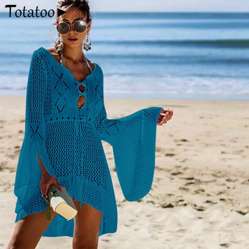 Backless Knitted Summer Long Sleeve Open Back See Through Beach Cover Mini Dress Clubwear