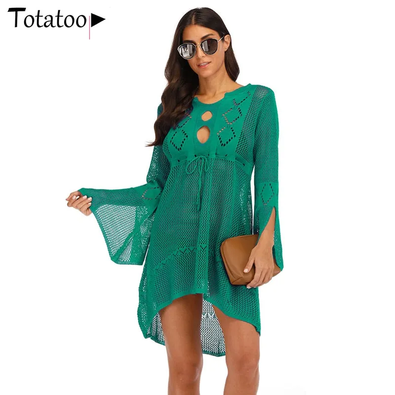 Backless Knitted Summer Long Sleeve Open Back See Through Beach Cover Mini Dress Clubwear