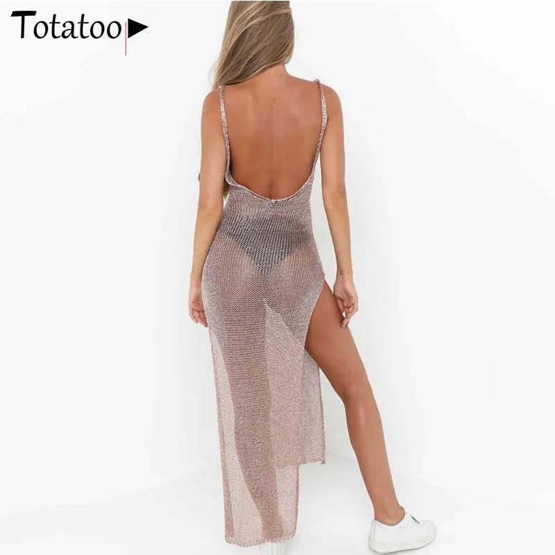Backless Knitted Summer Long Sleeve Open Back See Through Beach Cover Mini Dress Clubwear