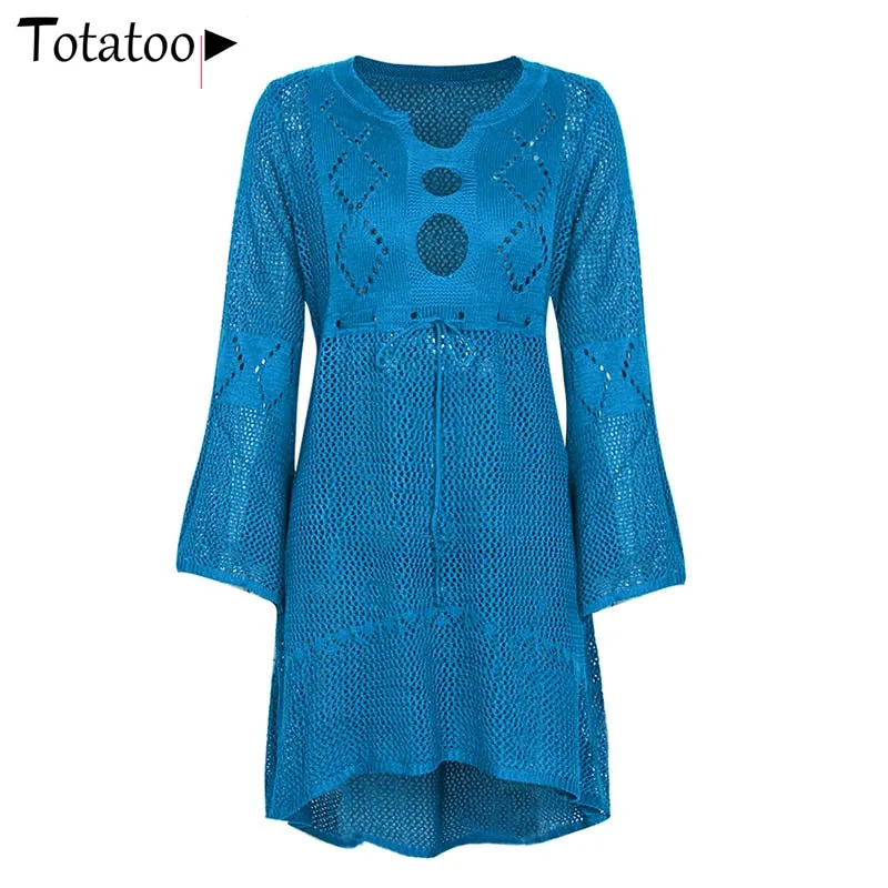Backless Knitted Summer Long Sleeve Open Back See Through Beach Cover Mini Dress Clubwear