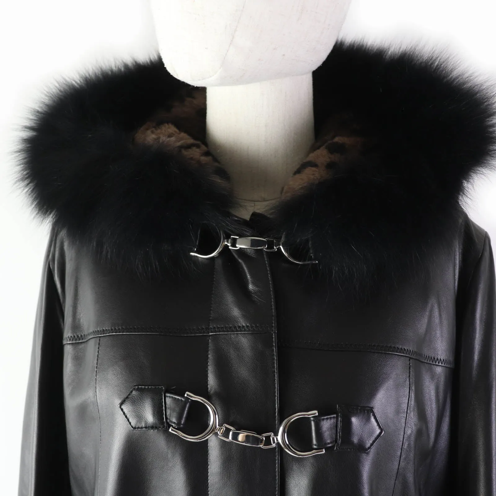 Balmain Lamb Leather Fur Hooded A-Line Coat