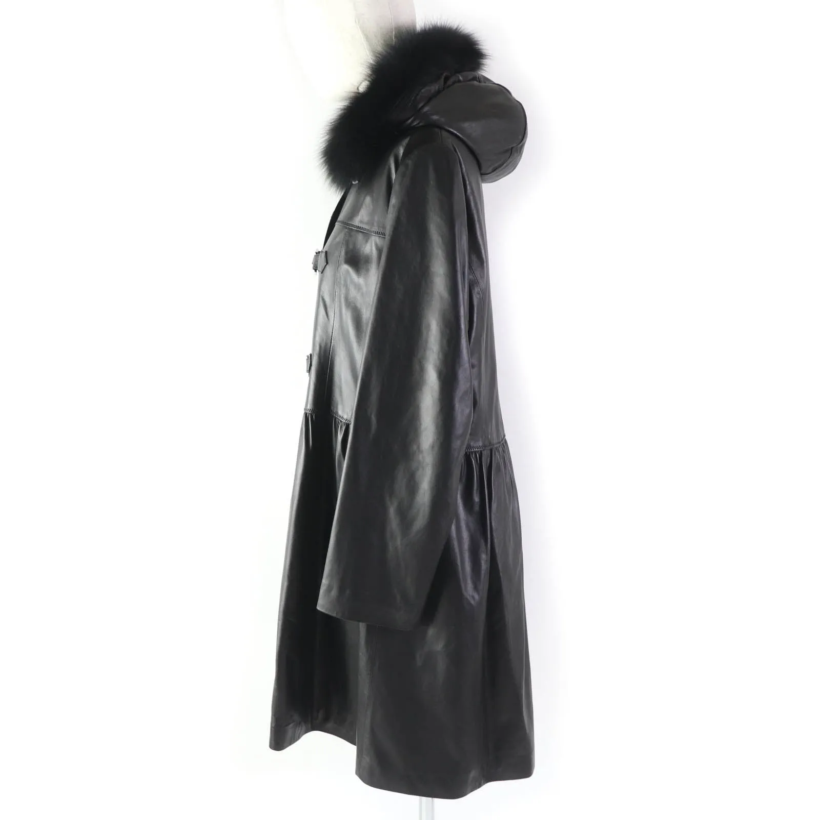 Balmain Lamb Leather Fur Hooded A-Line Coat