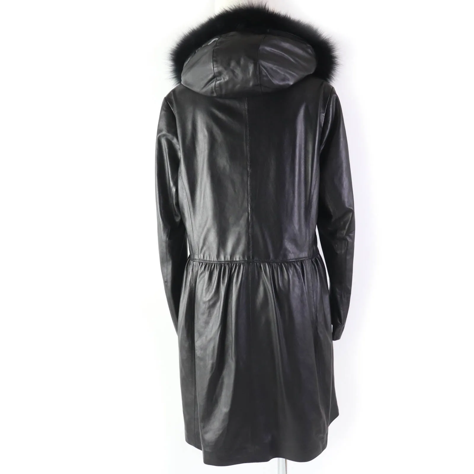 Balmain Lamb Leather Fur Hooded A-Line Coat